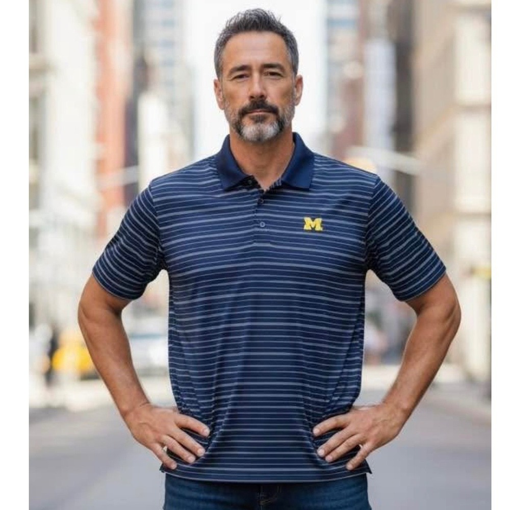 UNIVERSITY of MICHIGAN WOLVERINES Polo Shirt Mens XL Navy Blue Striped NCAA